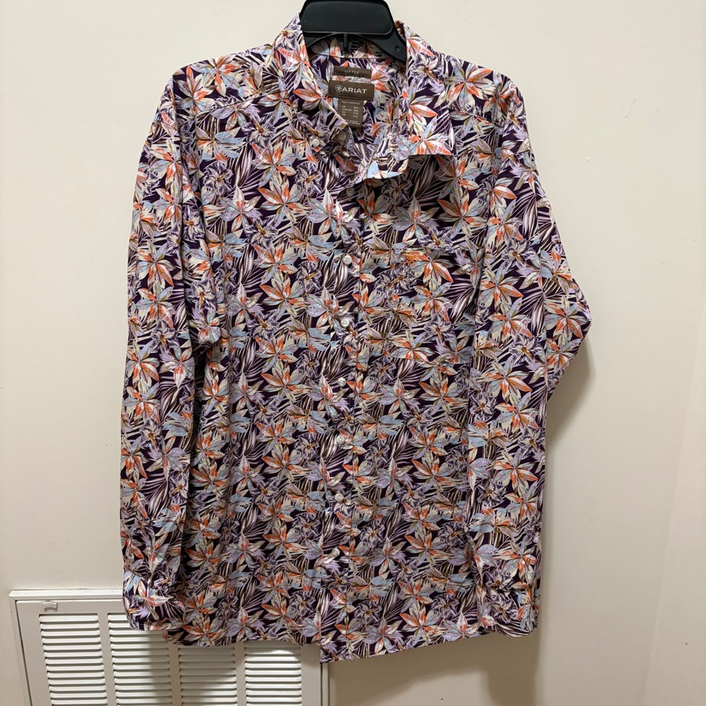 Ariat Floral Tropical Button Down Shirt Mens Purple XXL Fitted Cotton